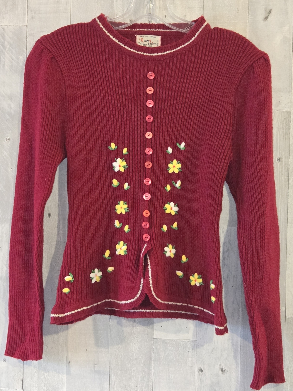Vintage Cherry Red Romy Knits Embroidered Floral Ribbed Knit Pullover Sweater